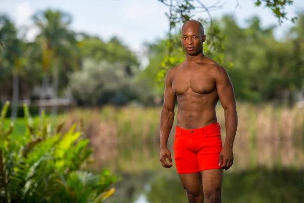 Modelo de fitness jovem atraente posando sem camisa no parque. Ima... — Fotografia de Stock
