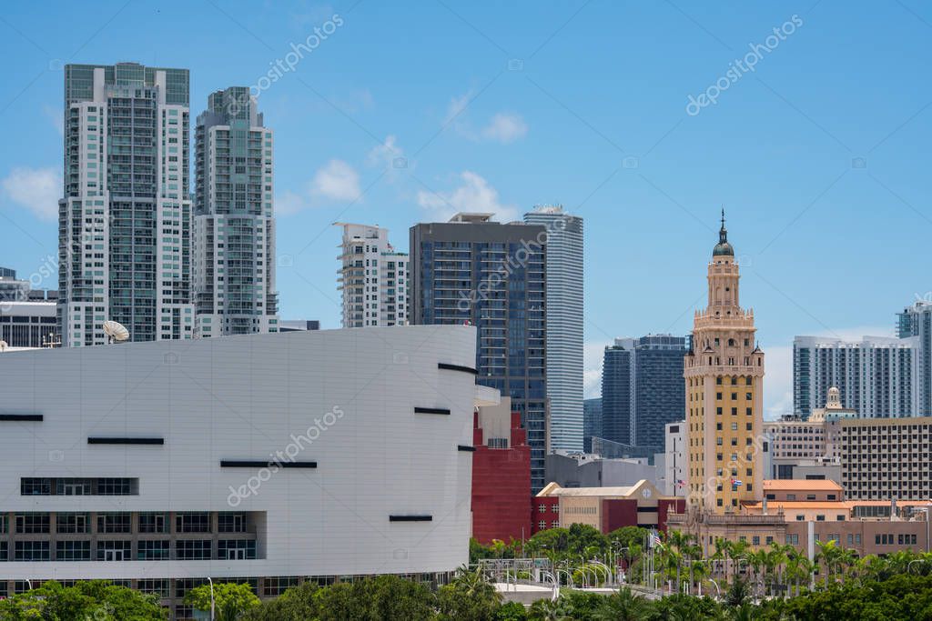 Photo of the Freedom Tower Miami. Shot with a telephoto lens and all logos from cityscape removed