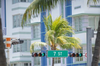 Miami Beach 7 sokak yol işareti palmiye ağaçları ve oteller b