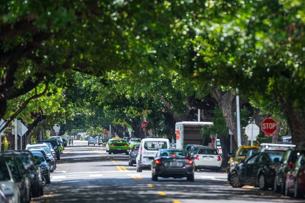 Sombra del árbol Meridian Avenue Miami Beach. Foto tomada con un telep — Foto de Stock