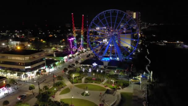 Aerial Myrtle Beach Ocean Blvd Skywheel Notte Drone Filmato 2019 — Video Stock