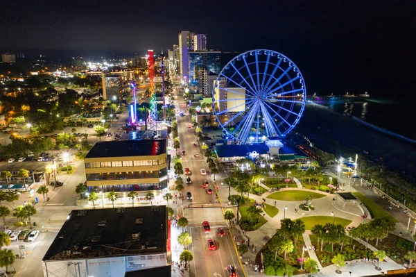 Lotnicze nocne zdjęcie Myrtle Beach i Skywheel — Zdjęcie stockowe