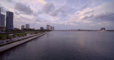 Ultrawide hava drone video Downtown Miami Biscayne Bay
