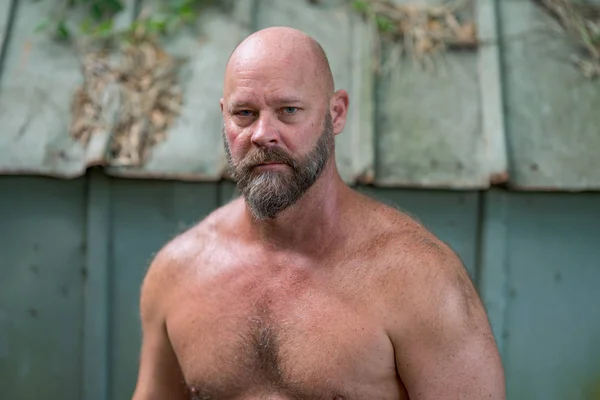 Close-up tiro de um careca barbudo homem sem camisa — Fotografia de Stock