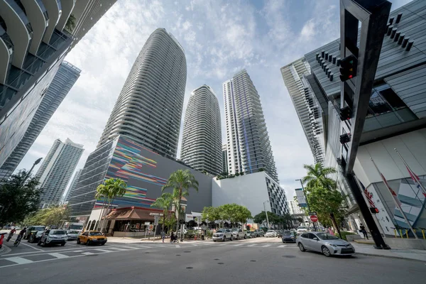 Low wide angle highrise buildings Downtown Miami Brickell FL — Stock Photo, Image