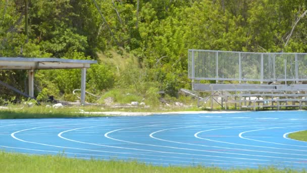 Correndo Pistas Corrida Pintado Azul Dia Quente Blackmagic Cru — Vídeo de Stock