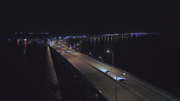 Night Aerial Rickenbacker Causeway Miami Brickell — Stock Video
