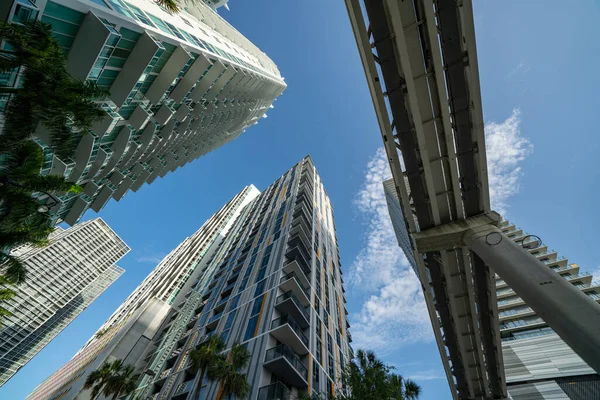 Low Angle View Highrise Towers Tram Tracks — Stock fotografie