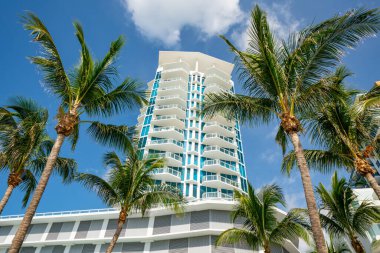 Mavi gökyüzünde palmiye ağaçları olan Miami Beach apartmanı.