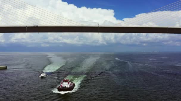 Drone Video Barche Sotto Sunshine Skyway Bridge San Pietroburgo Tampa — Video Stock