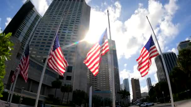 Miami Septiembre 2020 Miami American Flags Video Timelapse Rápido Downtown — Vídeo de stock