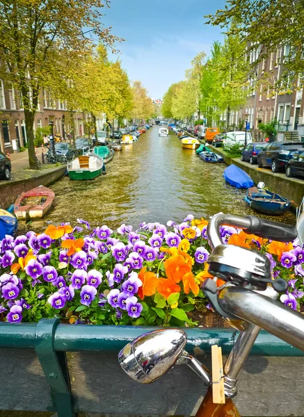 Fiets Een Brug Met Bloemen Kanaal Amsterdam Nederland Focus Bloemen — Stockfoto