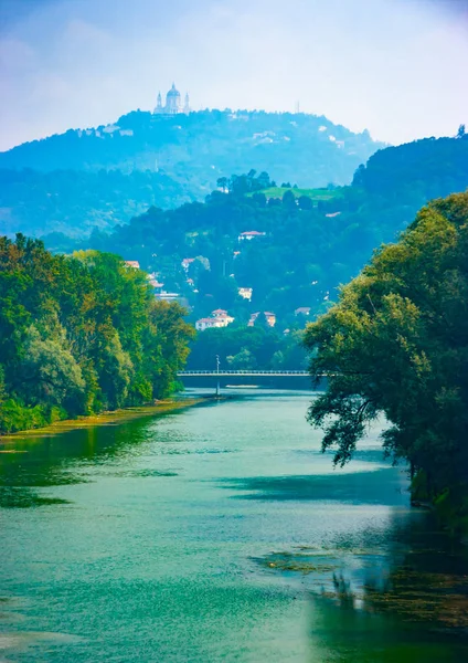 Vertilcal View River Superga Hill Background Turin Piedmont Italy — Stock Photo, Image