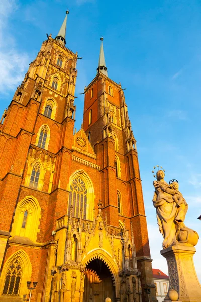Vista Vertical Fachada Catedral São João Baptista Pôr Sol Wroclaw — Fotografia de Stock