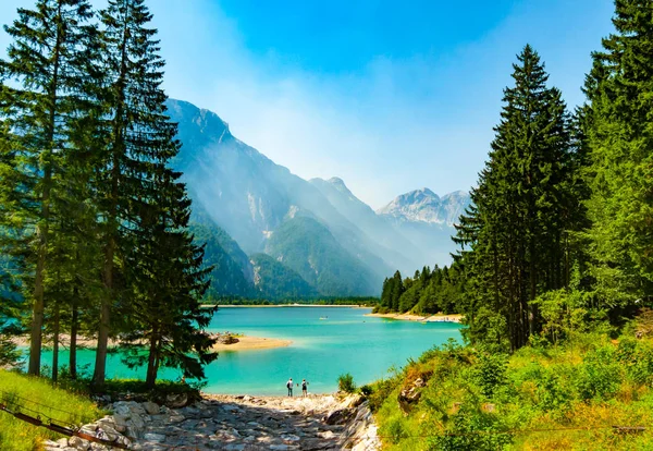 Lago Cave Del Predil Incorniciato Abeti Con Foschia Che Abbraccia — Foto Stock