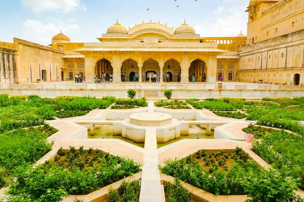 Jardines Patio Interior Del Fuerte Ámbar Jaipur Rajastán India — Foto de Stock