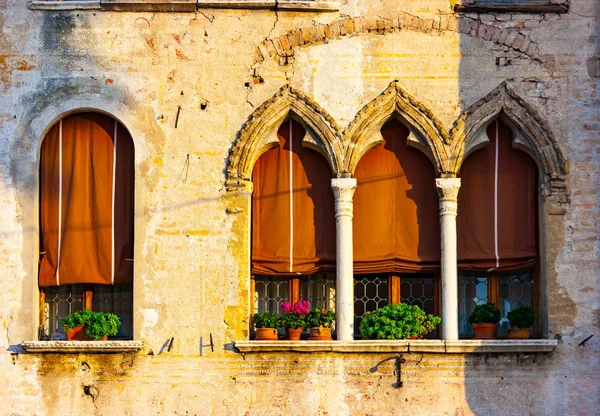 Venetiaanse Gotische Huis Windows Detail Portogruaro Venetië Veneto Italië Stockfoto
