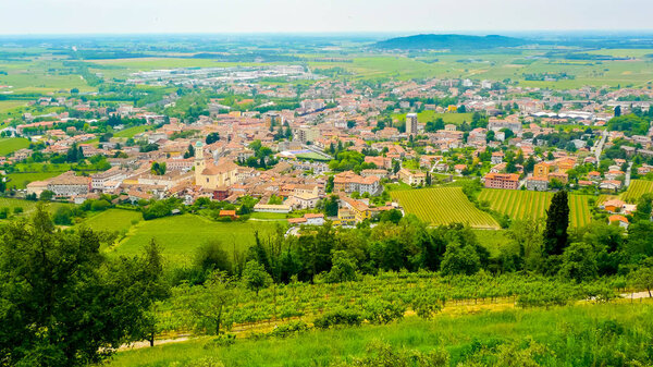 Aerial view of Cormons, Gorizia, in the wine region of Friuli Venezia-Giulia, Italy
