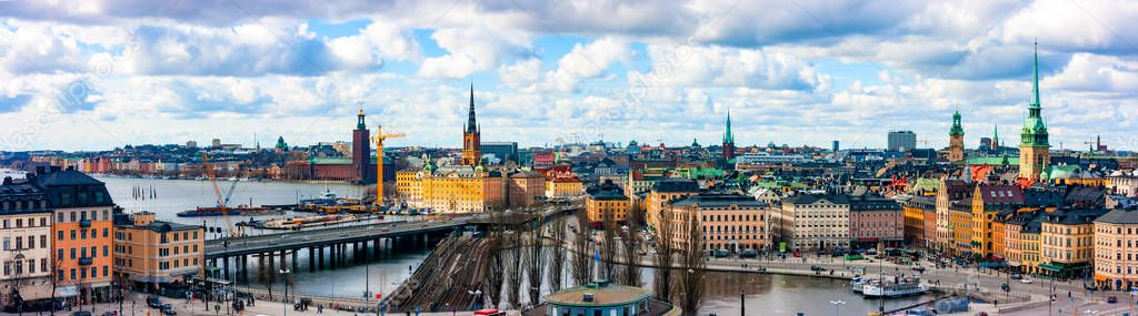 Aerial panoramic view of Gamla Stan, Norrmalm and Kungsholmen from Katarina-Sofia, Stockholm, Sweden, Europe