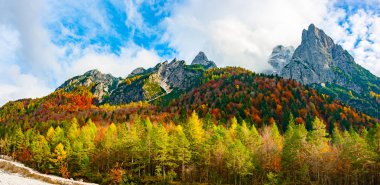 Panoramic view of Jof di Montasio in autumnal colors in Julian Alps, Val Dogna, Friuli Venezia Giulia, Italy clipart