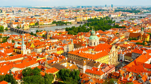 Aerial view of Mala Strana, St. Nicholas Chirch, Charles Bridge and Old Town, Prague, Czech Republic, Europe