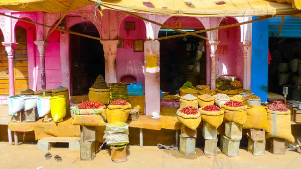 Sacks Chilis Pasta Other Ingredients Kiosk Street Bikaner Rajasthan India — Stock Photo, Image