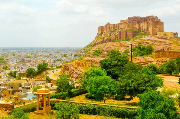 Pohled Pevnosti Mehrangarh Bakharchiriya Kopci Města Jodhpur Okolní Plání Rajasthan Stock Fotografie