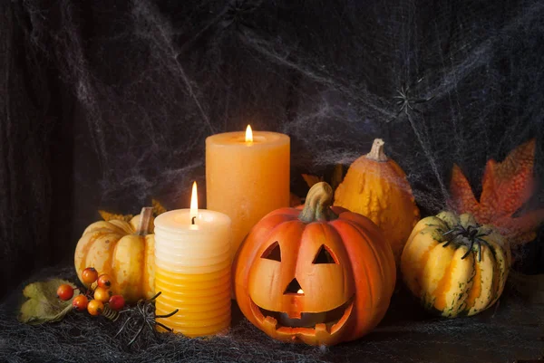 Decorazione Zucca Halloween Con Candela Ragni — Foto Stock