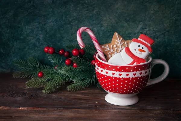 Christmas Cookies Red Cup New Year Decor — Stock Photo, Image