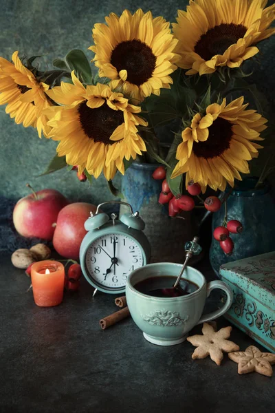 Beautiful Flowers Cup Coffee Cookies Autumn Decor Apples Candle Alarm — Stock Photo, Image