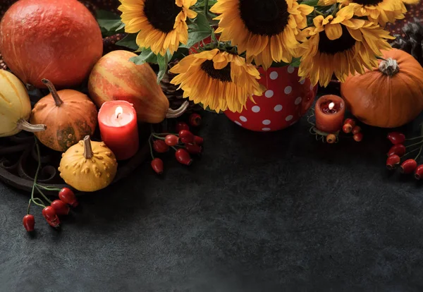 Thanksgiving Background Pumpkins Candles Sunflowers Autumn Decor — Stock Photo, Image