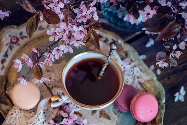 Tazza di tè e fiori primaverili — Foto Stock