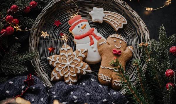 Fond Noël Avec Biscuits Décor Festif — Photo