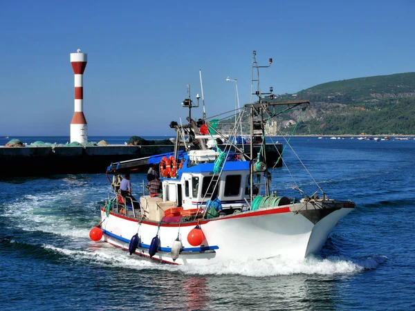 Pequeno Barco Pesca Português Que Chega Porto Pesca — Fotografia de Stock