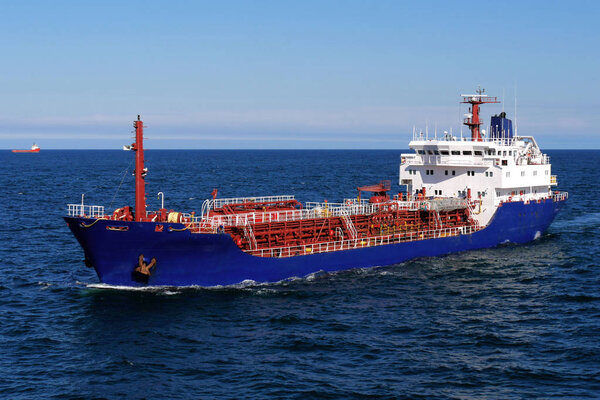 Oil Tanker underway at sea in calm waters.