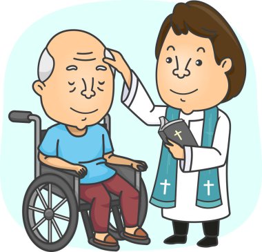 Man Priest Anoint Hasta Tekerlekli Sandalye Kıdemli İllüstrasyon