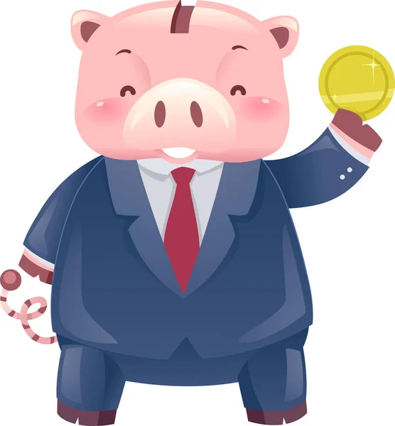 小猪银行机器人吉祥物西装硬币插图 — 图库照片