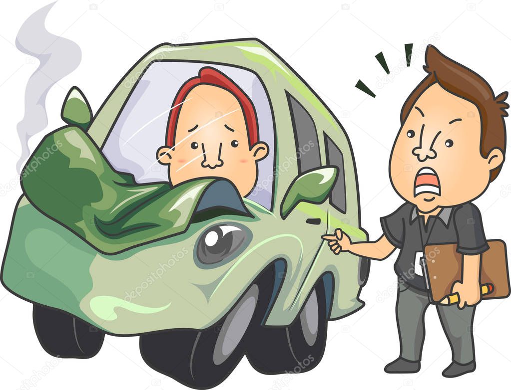 Men Driving Lesson Crashed Car Illustration