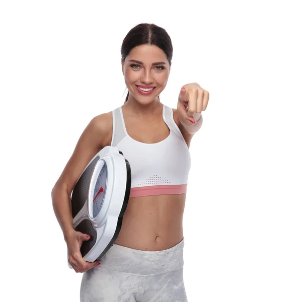 Sexy Woman Scale Wants You Make Healthy Lifestyle Choice Pointing — Stock Photo, Image