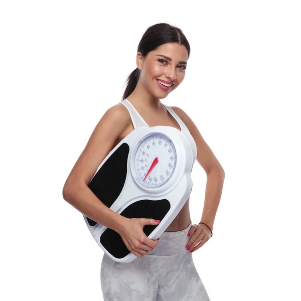 Retrato Mujer Forma Feliz Con Escala Que Promueve Estilo Vida —  Fotos de Stock