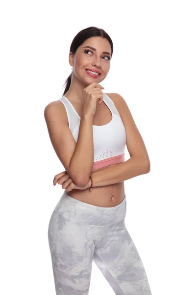 Portrait Pensive Fitness Woman Looking Side While Smiling She Standing — Stock Photo, Image