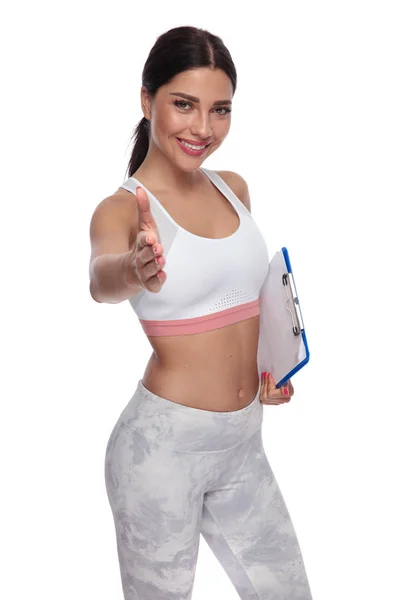 Attractive Fit Woman Welcomes You Gym Handshake While Standing White — Stock Photo, Image