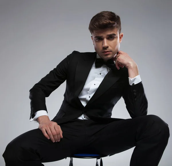 Portrait Sensual Pensive Young Man Tuxedo Sitting Metal Chair Hand — Stock Photo, Image