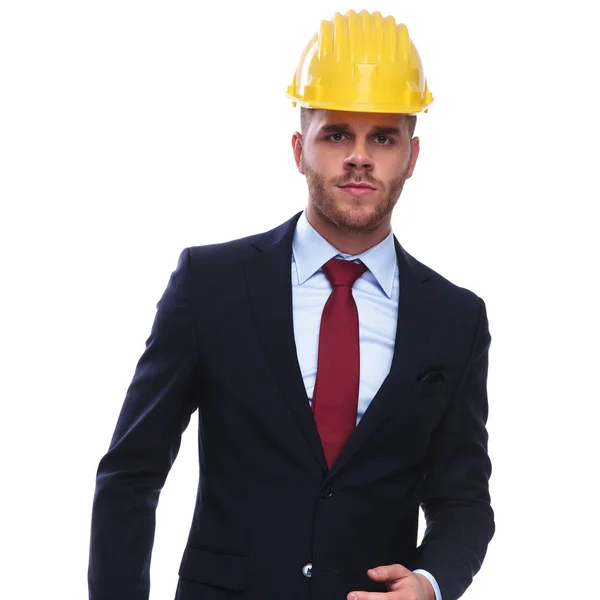 Portrait Serious Businessman Construction Helmet Head Standing White Background — Stock Photo, Image