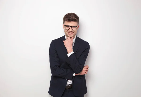 Handsome Businessman Wearing Navy Suit Glasses Standing Light Grey Background — Stock Photo, Image