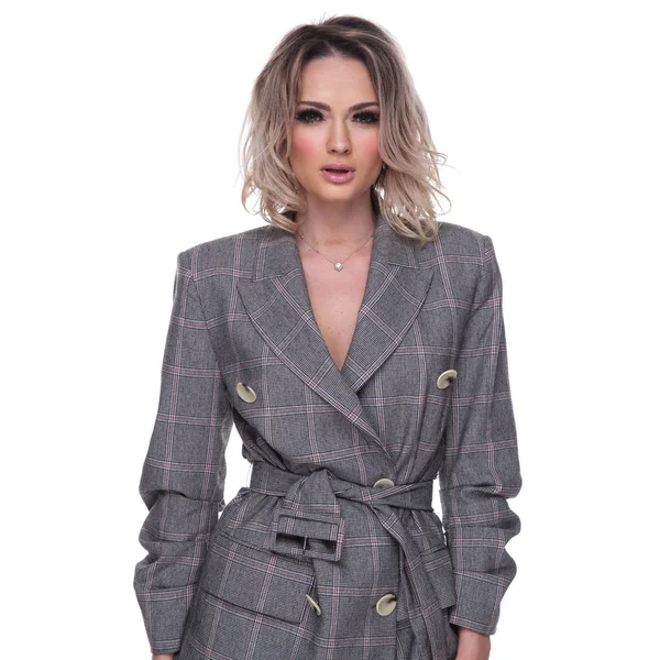 Portrait Beautiful Blonde Woman Wearing Grey Suit Jacket Checkers While — Stock Photo, Image