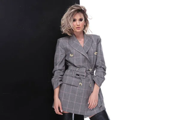 Sensual Woman Parted Lips Wearing Grey Plaid Suit Jacket While — Stock Photo, Image