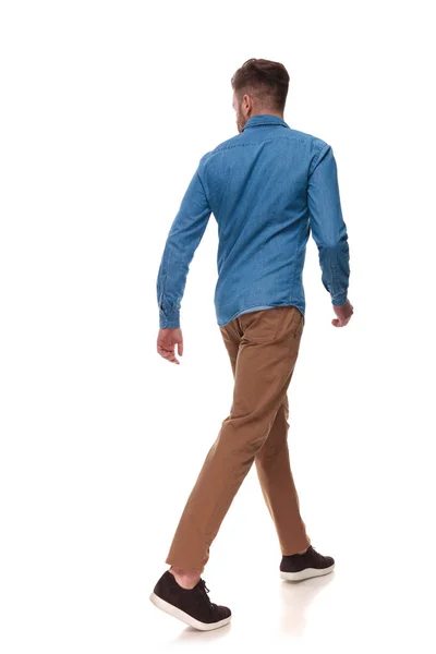 Rear View Casual Man Walking Looking Side White Background Full — Stock Photo, Image