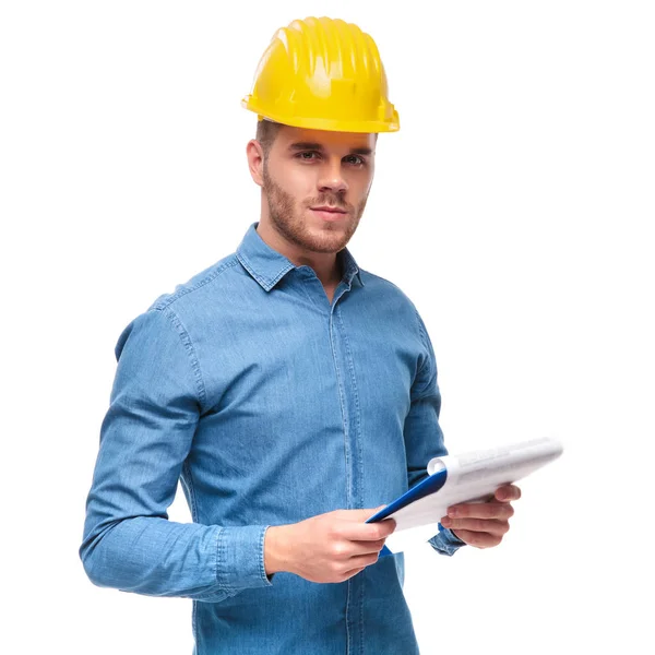 Portrait Handsome Engineer Clipboard Hand Safety Helmet Head Standing White — Stock Photo, Image