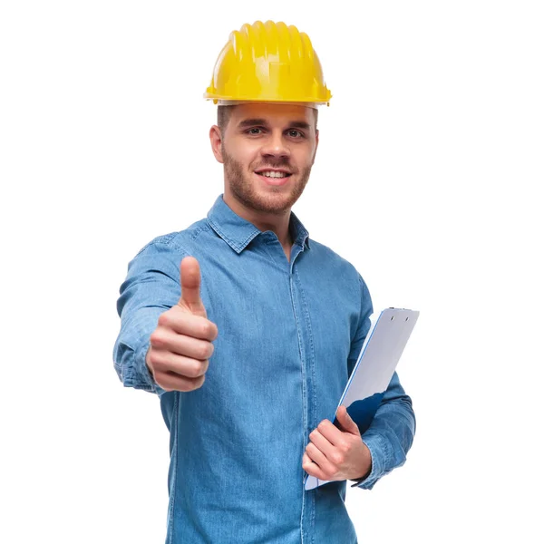 Portrait Casual Engineer Folders Hand Makeing Sign While Standing White Stock Photo